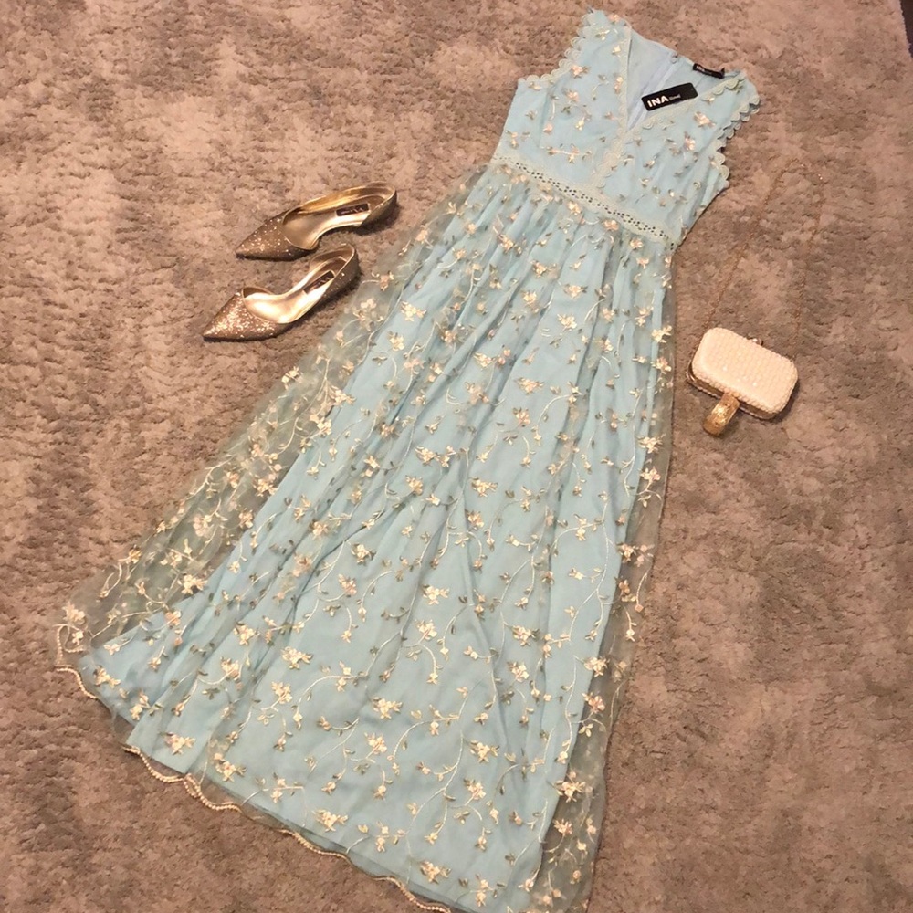 Ina Light Blue Pastel Embroidered Maxi Dress with Gold and Pink Floral Accents